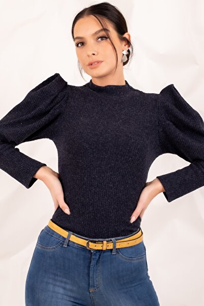 armonika Women's Navy Blue Watermelon Sleeve Knitwear Sweater ARM-20K001103