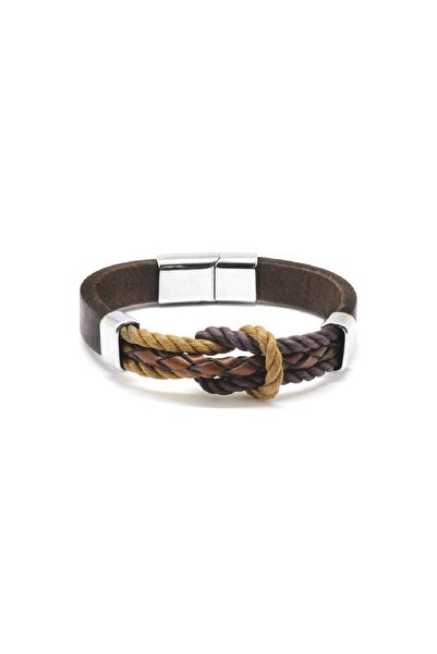 Tesbihane Knot Design Brown Leather-Steel Combination Men's Bracelet104000522