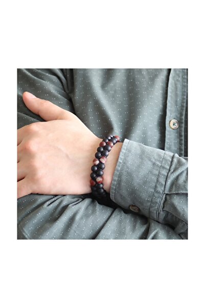 Tesbihane Macrame Knit Double Row Sphere Cut Onyx-Agate Natural Stone Bracelet 104000402