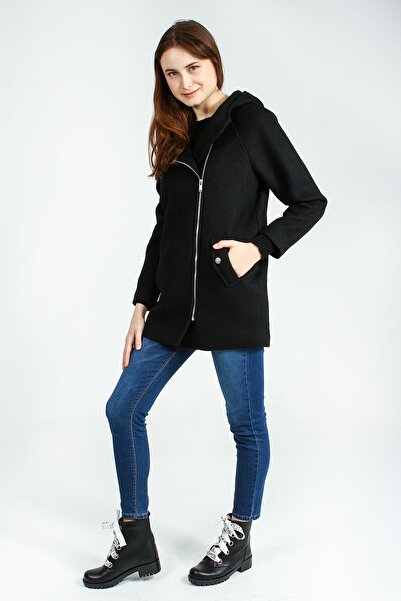 Collezione Siyah Kapişonlu Yan Fermuar Detaylı Kaşe Kadın Kaban