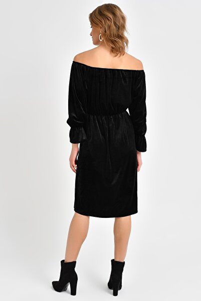 Quincey Omuz Detaylı Kadife Elbise  Siyah EBT2744