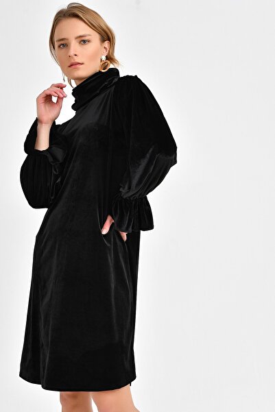 Quincey Μανίκι Λεπτομερές Βελούδινο Φόρεμα Μαύρο EBT2734