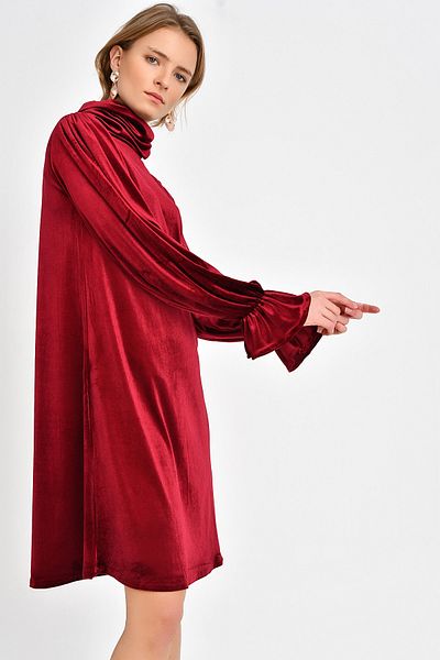 Quincey Βελούδινο φόρεμα με λεπτομερή μανίκια Claret Red EBT2735