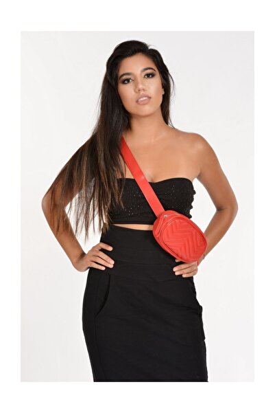 Moda1001 Zippered Zigzag Stitched Leather Women's Waist Bag - Red