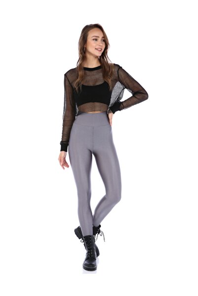 Dema Gri Yüksek Bel Toparlayıcı Parlak Tayt