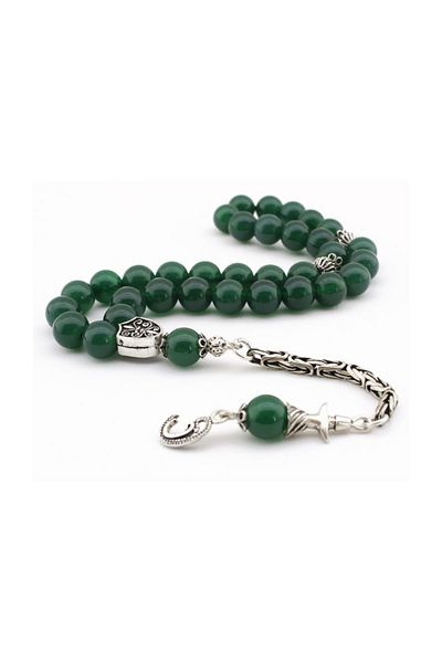 Tesbihsepetim Silver Whirling Dervish and Vav Tasseled Green Agate Natural Stone Rosary