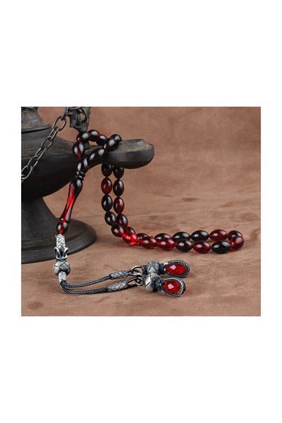 Tesbihsepetim 1000 Sterling Silver Fire Amber Prayer Beads with Kazaz Tassels