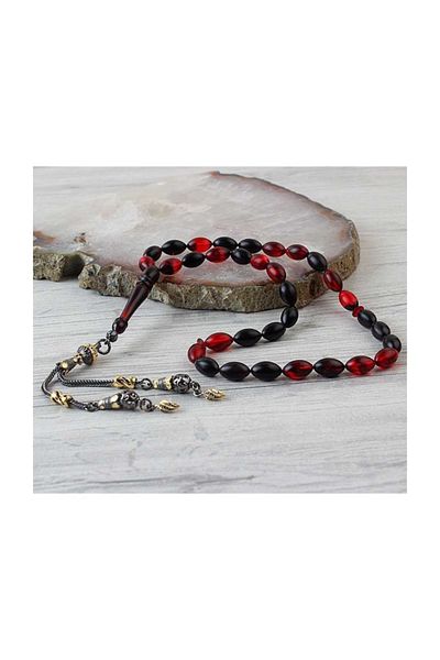 Tesbihsepetim Silver Tasseled Rodaj Coated Clamping Amber Prayer Beads