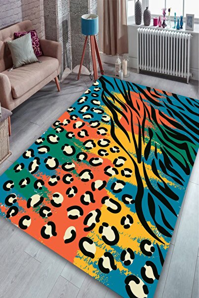Resmiro Zebra Ve Leopar Detaylı Renkler Dijital Baskılı Halı