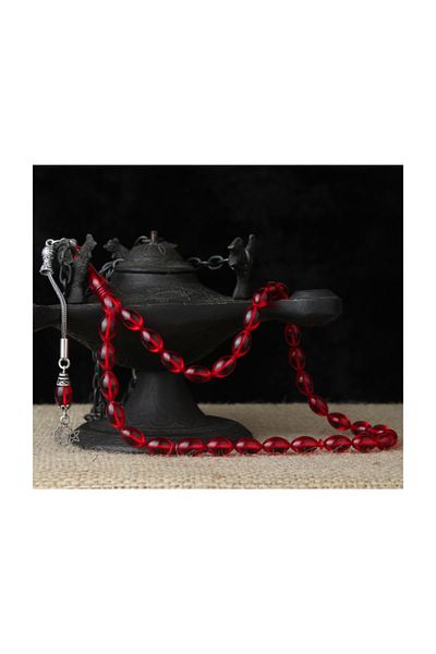 Tesbihsepetim Ayyıldız Silver Tasseled Red Prayer Beads - Squeezing Amber Design