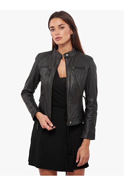 DESARO Kadın Siyah Hakiki Deri Mont