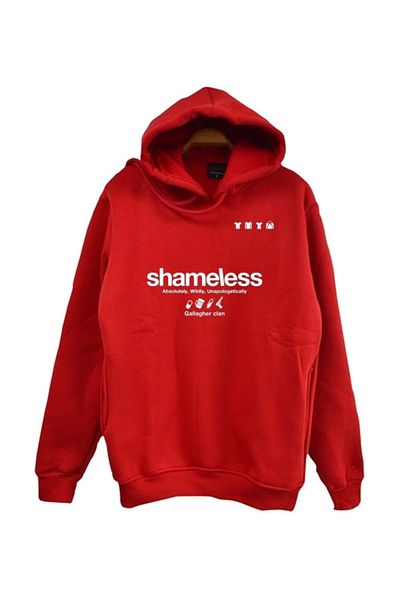 fame-stoned Унисекс суитшърт с качулка Shameless Print, 100% памук, червен