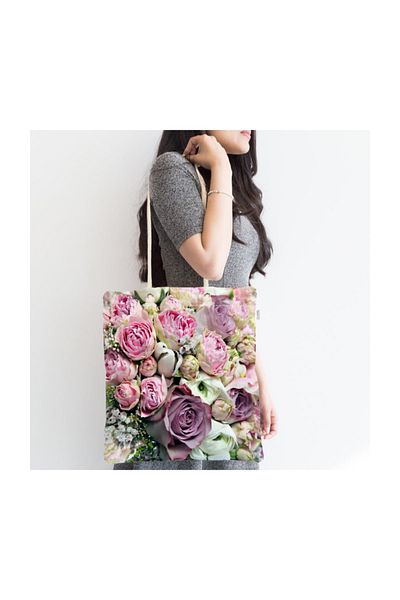 Realhomes Μοντέρνα υφασμάτινη τσάντα με φερμουάρ Pink Roses Digital Printed Canta-11