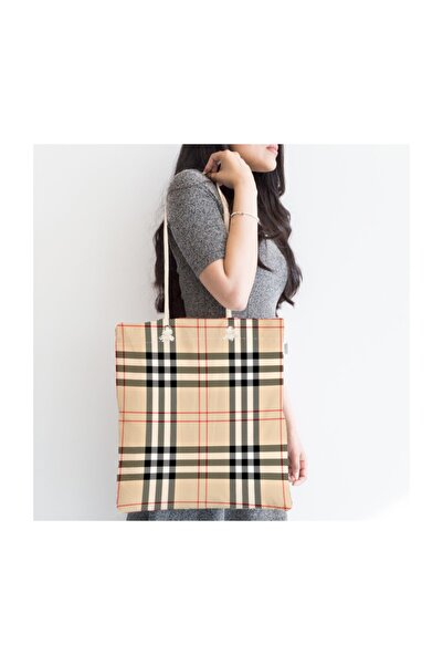 Realhomes Krem Zeminli Ekose Desenli Fermuarlı Modern Kumaş Çanta Canta-3078