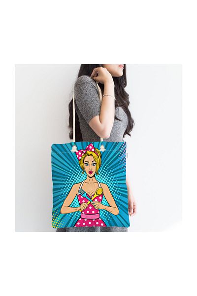 Realhomes Blue Floor Popart Girl Model Geantă modernă din material textil cu fermoar Geanta-3284