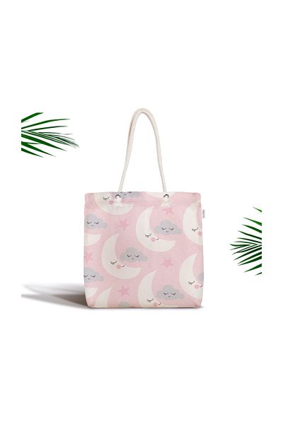 Realhomes Cloud and Star on Pink Background Digital Printed Modern Fabric Bag με φερμουάρ Canta-987