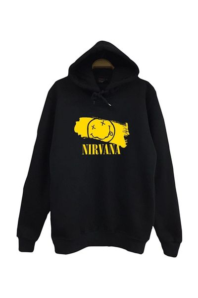 fame-stoned Hanorac negru 100% bumbac cu glugă cu imprimeu Nirvana-wolf Cobain