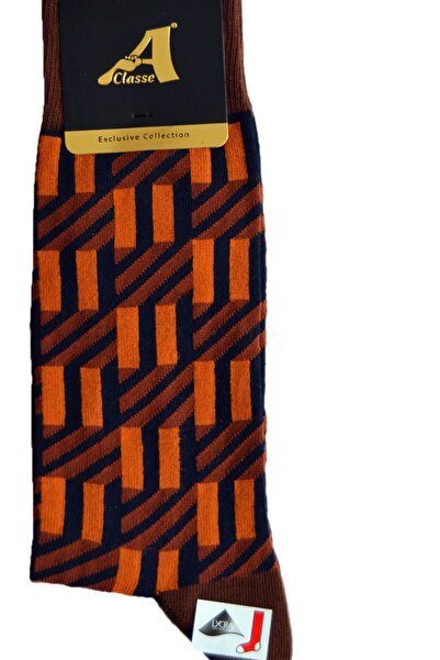 A CLASSE Cross Line Patterned Navy Blue-Orange Socks