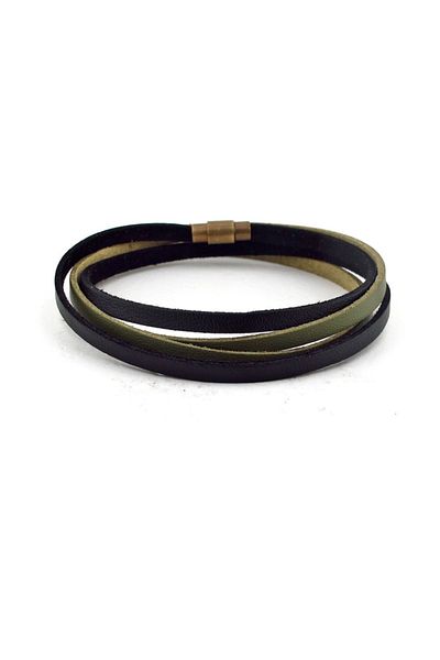 Solfera Khaki Green Black Double Row Original Leather Wrap Men's Bracelet BT640