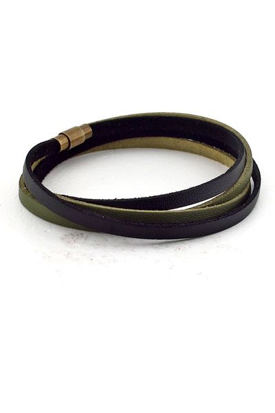 Solfera Khaki Green Black Double Row Original Leather Wrap Men's Bracelet BT640