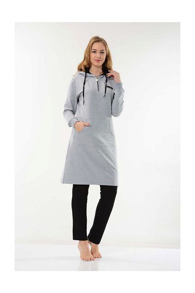 Fantasy Women's Half Turtleneck Tunic Gray Melange Tracksuit Set