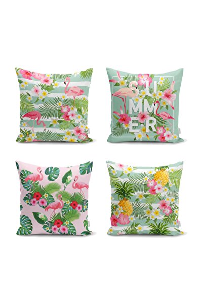 Realhomes مجموعة غطاء وسادة رمي على شكل زهرة فلامينجو مكونة من 4 قطع