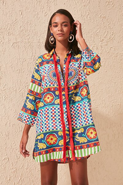 Trendyol Collection Ethnic Patterned Woven Tasseled 100% Cotton Shirt TBESS20GO0163