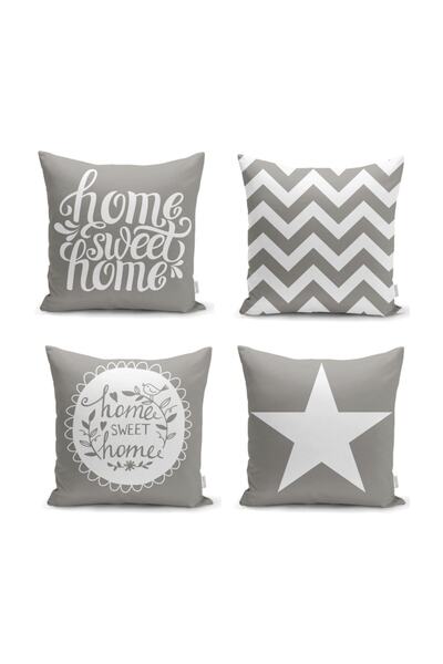 Realhomes Gri Zemin Home Sweet 4'lü Yastık Kırlent Kılıf Seti