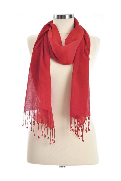 Dosimira Red Colored Fringed Cotton Large Shawl