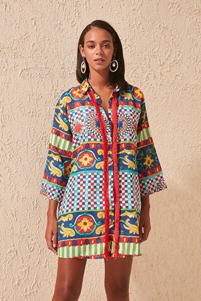 Trendyol Collection Ethnic Patterned Woven Tasseled 100% Cotton Shirt TBESS20GO0163