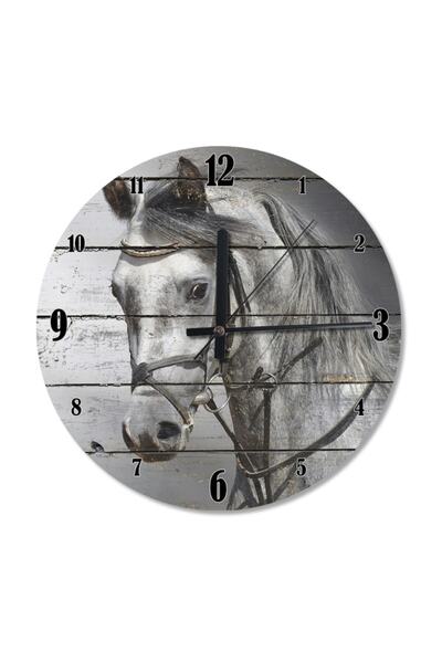 Generic Brand 30 cm Diameter White Gray Horse Head Wooden Wall Clock