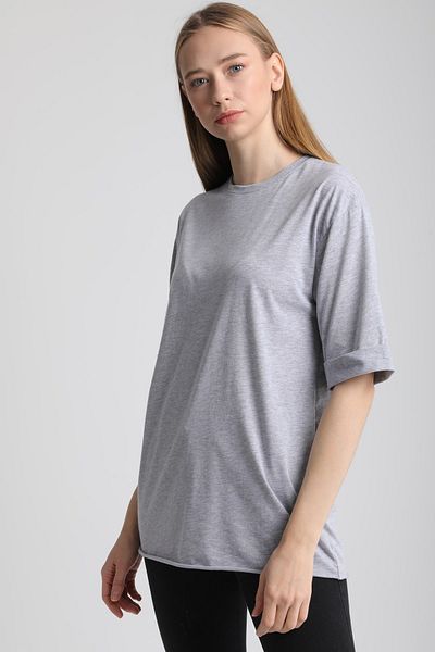 MD trend Women's Gray Crew Neck Sleeve Layered Cotton T-Shirt Mdt3058