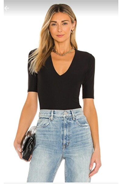 Nsb Tasarım Γυναικείο Μαύρο κοντομάνικο μπλουζάκι με λαιμόκοψη V μεταξωτό ζέρσεϊ