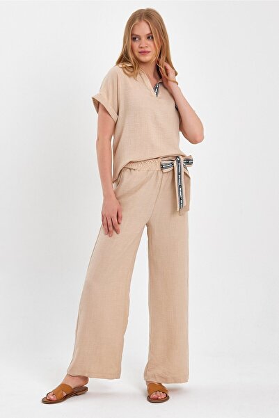 Moda Gerçek Taş Rengi Kadın Alt Üst Pantolon Takım-42