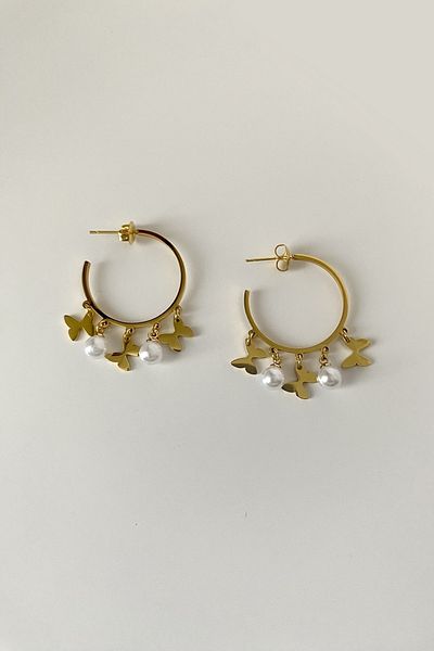 SilverStone Dangle Butterfly Hoop Women's Steel Earrings with Pearls
