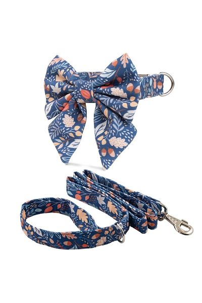 Lusi Doog Navy Blue Female Bow Tie Dog Collar and Leash Set Floral Pattern