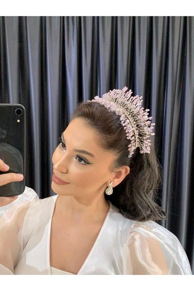 BEYOĞLU NİŞANTAŞI Powder Pink Crystal Beaded Bridal Wedding Henna Engagement Crown