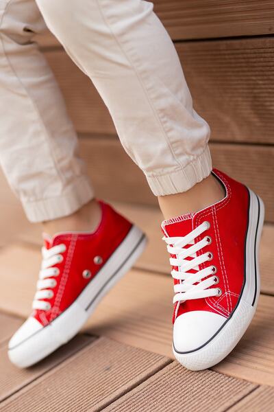 BOUIS Çocuk Kırmızı Keten Bağcıklı Günlük Rahat Esnek Ortopedik Düz Taban Bez Ayakkabı Sneaker