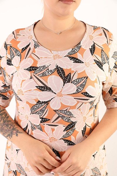 SENTEX WIDE SIZE SHORT SLEEVE DRESS WITH LARGE FLOWER BLACK LEAVES