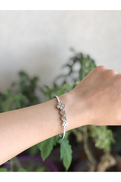 sheyajewellery Kadın Gümüş Yonca Kelepçe Bileklik