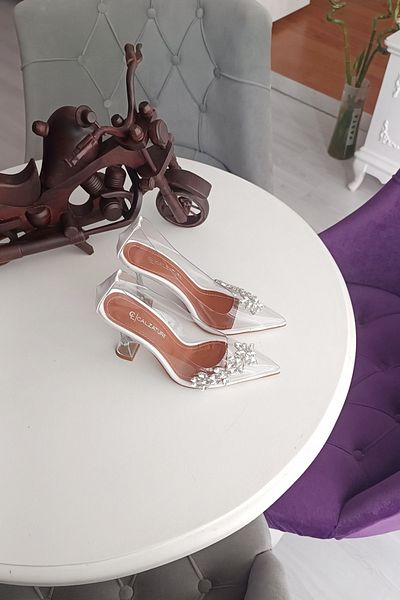 LA CALZATURE Pantofi de damă cu toc de 11 cm cu margine albă și piatră de stea complet transparentă