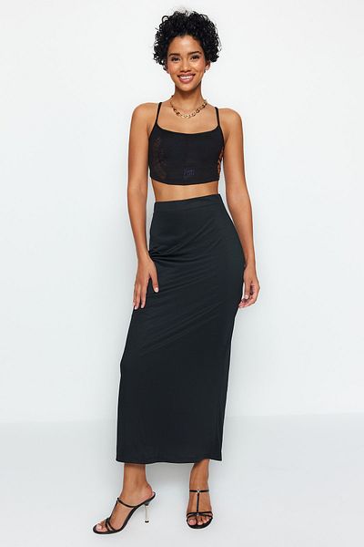 Trendyol Collection Černá Maxi strečová pletená sukně s vysokým pasem TWOSS23ET00372