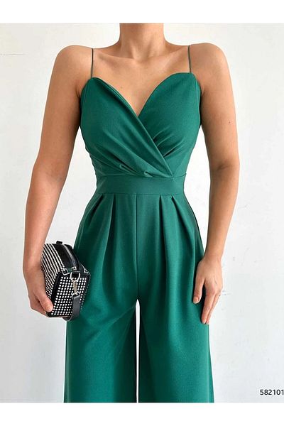 Esinty Rochie salopetă cu picior largi din material crepon importat cu bretele (CULOARE)