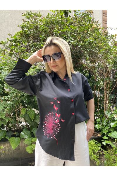 MAABMODA Kadın Siyah Kelebek Nakışlı Gömlek