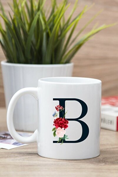 HobiShop White Letter B Floral Design Printed Mug