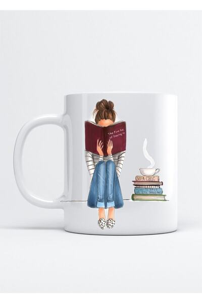 HobiShop Kadın Kahve Ve Kitap Baskılı Porselen Kupa Bardak