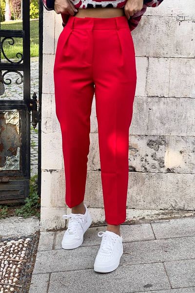 Tebessüm Life Red High Waist Pencil Fabric Trousers