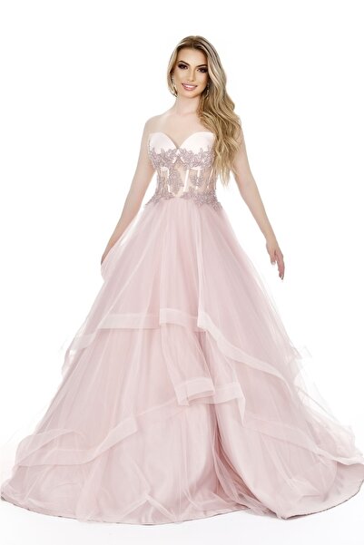 Kulis Pudra Straplez Balenli Taşlı Etekleri Katlı Prenses Model Tül Abiye