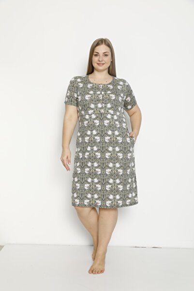 İntensive Γυναικείο φόρεμα με κοντό μανίκι με σχέδια, χτενισμένο βαμβακερό φόρεμα μεγάλου μεγέθους με τσέπες