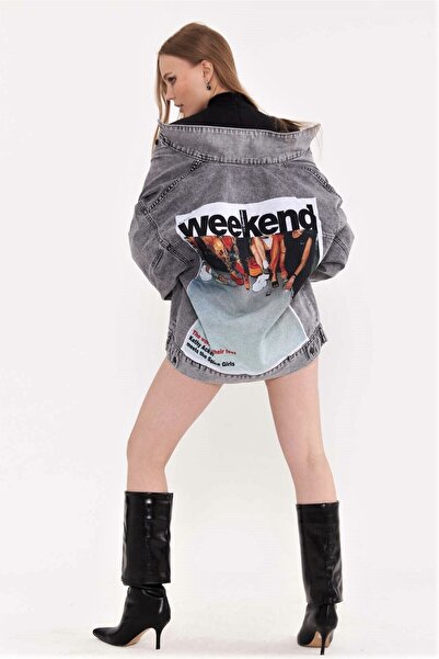 THIMOON Baskılı Unisex Oversize Gri Denim Ceket One Size